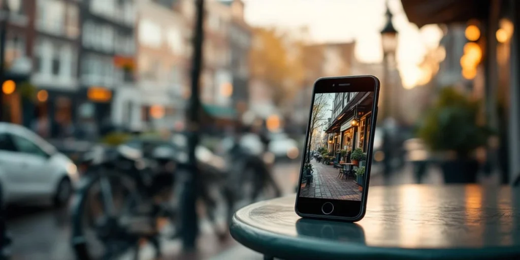 Smartphone met kleurrijke advertentie-display boven Amsterdams café terras met grachtenpanden op de achtergrond