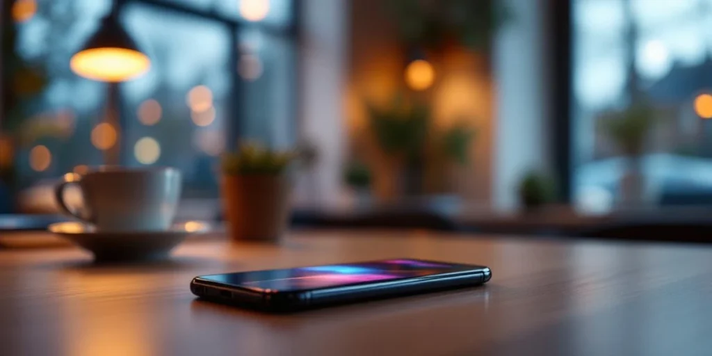 Moderne smartphone met kleurrijke video-advertenties op scherm, op bureau met koffiekop in Nederlandse kantooromgeving