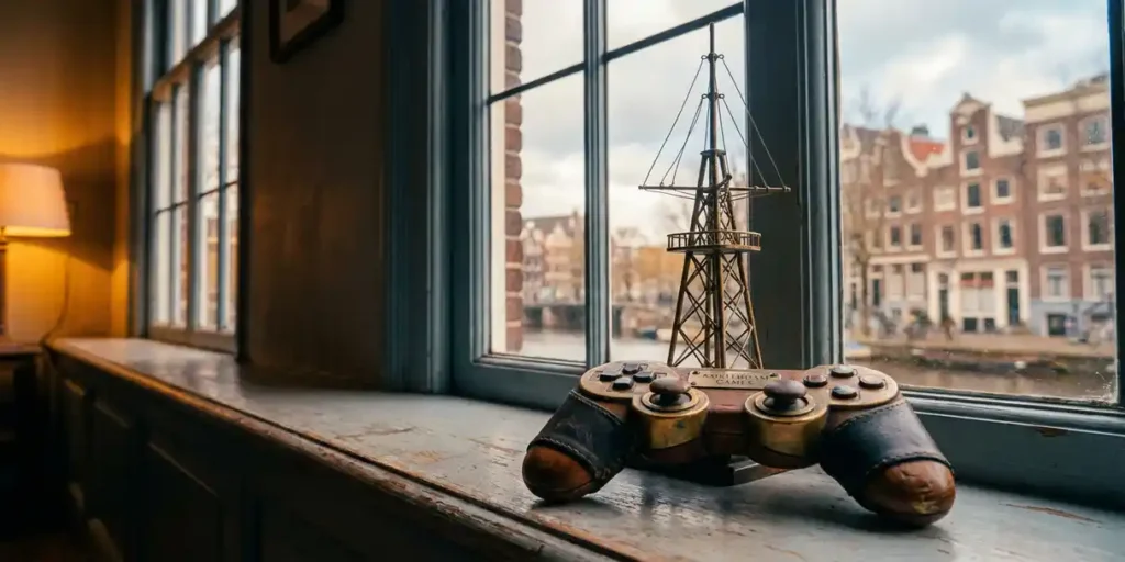 Game controller en miniatuur zendmast op een Amsterdams grachtenpand vensterbank, zacht daglicht, warme amber en leisteen blauwe tinten.