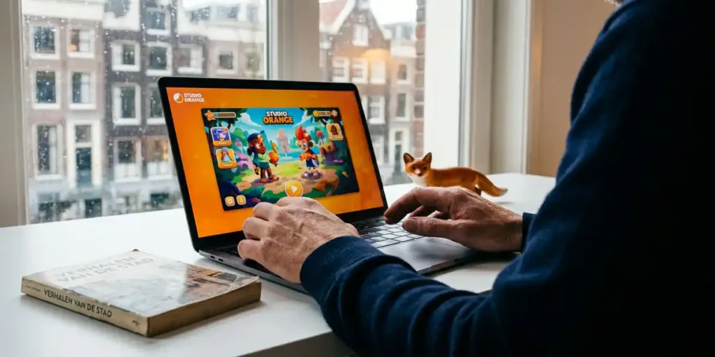 Spelontwerper werkt aan kleurrijke game-interface op laptop, met versleten roman en merkfiguur op wit bureau, Amsterdam grachtenpand op achtergrond.