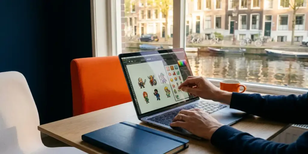 Spelontwerper past kleurrijke game-assets aan op laptop in modern Amsterdams kantoor met uitzicht op gracht.