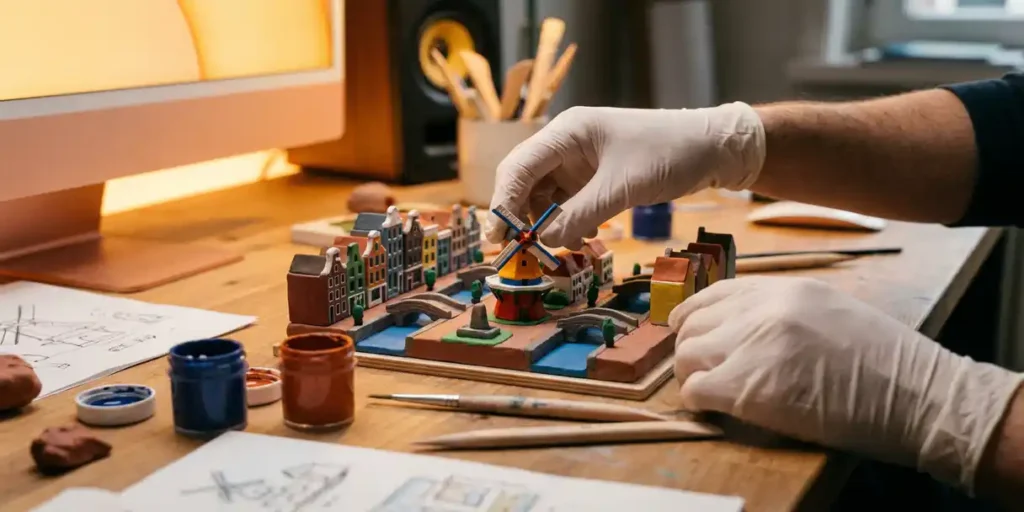 Handen van een game designer boetseren een miniatuur Hollands stadslandschap met grachtenhuisjes en molens op een studiotafel in Haarlem.