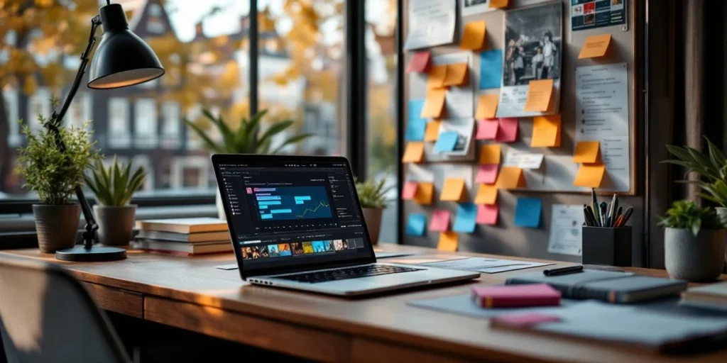 Moderne laptop op houten bureau met storytelling boeken en sticky notes, Nederlandse grachtenhuizen op achtergrond