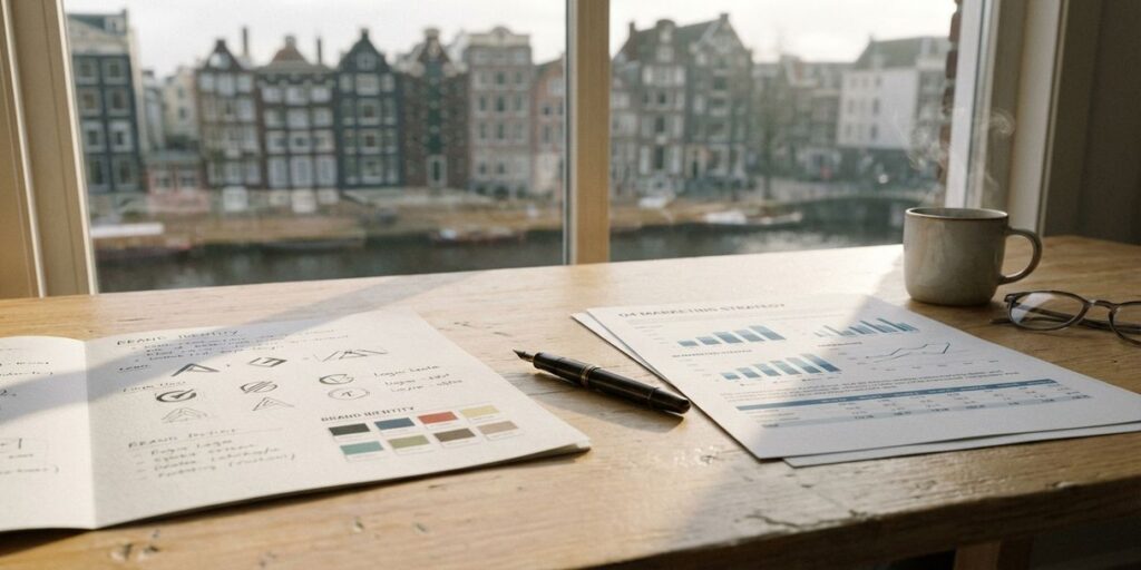 Strategiedocumenten met merkidentiteit en marketinggrafieken op modern bureau, Amsterdam kanaalhuizen op achtergrond