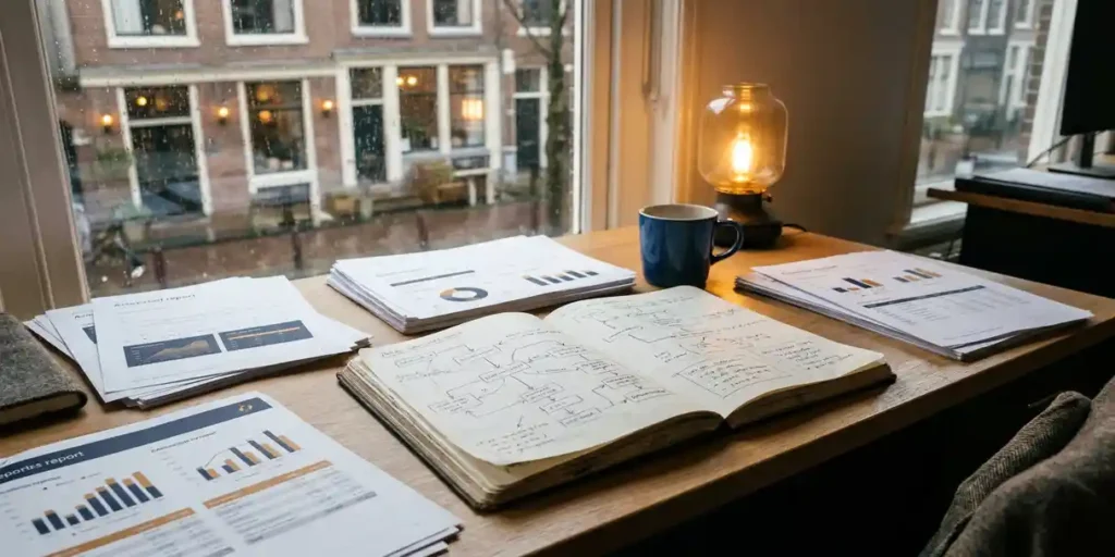 Bureau bureau in Haarlem met notitieboek vol campagne-funnelschetsen, omringd door metrieken-rapporten, Amsterdams grachtenpand zichtbaar door regenachtig raam.