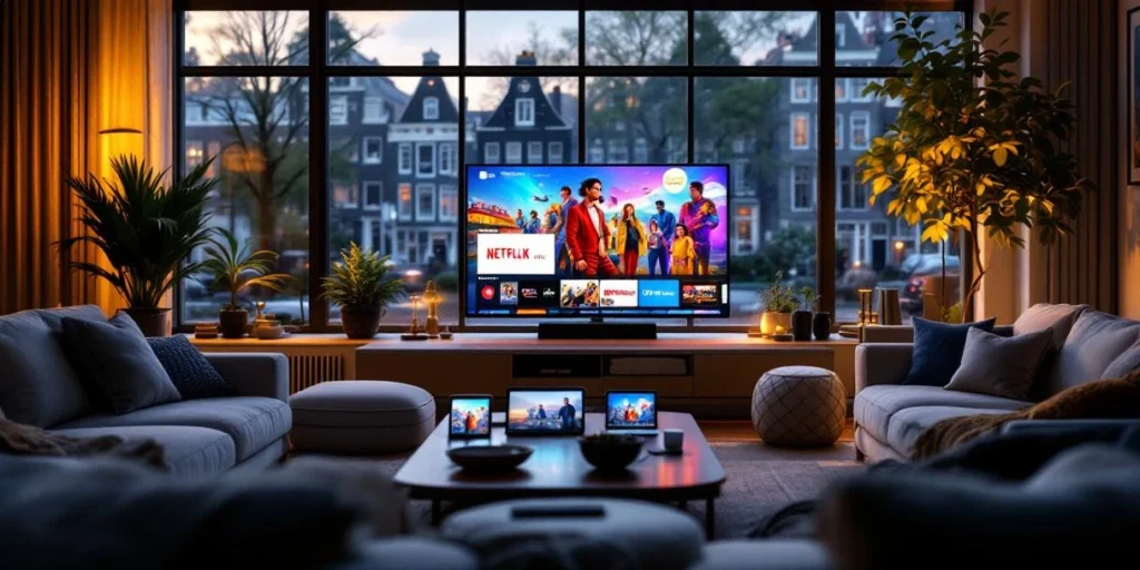 Smart TV toont streaming content in moderne Nederlandse woonkamer met tablets en smartphones op salontafel bij avondlicht