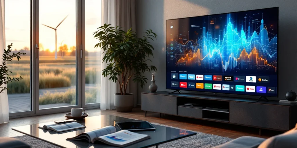Moderne Nederlandse woonkamer met smart TV die streaming interfaces toont, tablet met grafieken op tafel, polderlandschap zichtbaar