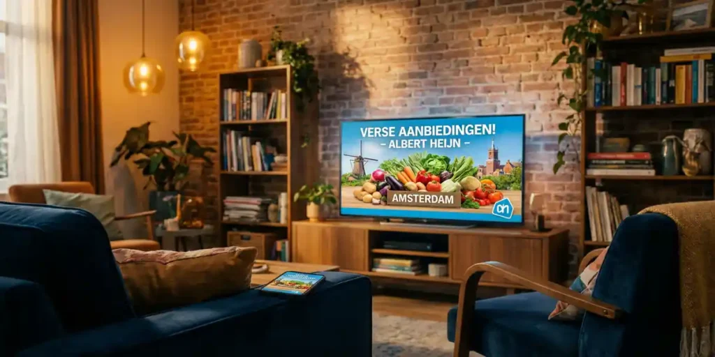Televisie met Nederlandse supermarktadvertentie in Amsterdamse woonkamer met grachtenpandmuren en smartphone met bijpassende digitale ad.