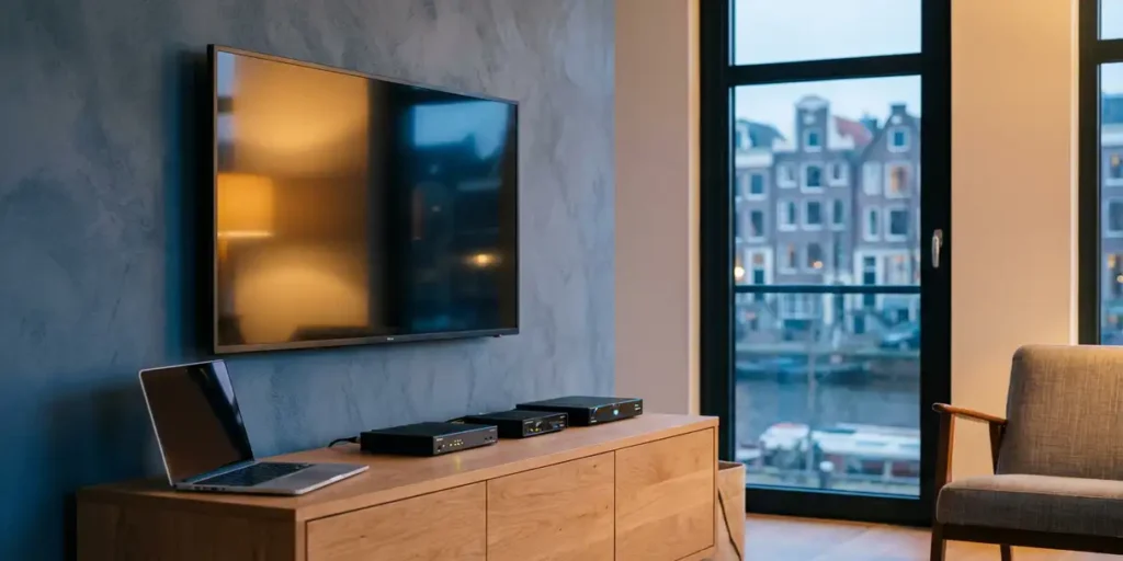 Flatscreen tv aan de muur van een moderne Nederlandse woonkamer, met laptop en netwerkapparatuur op een eikenhouten dressoir.