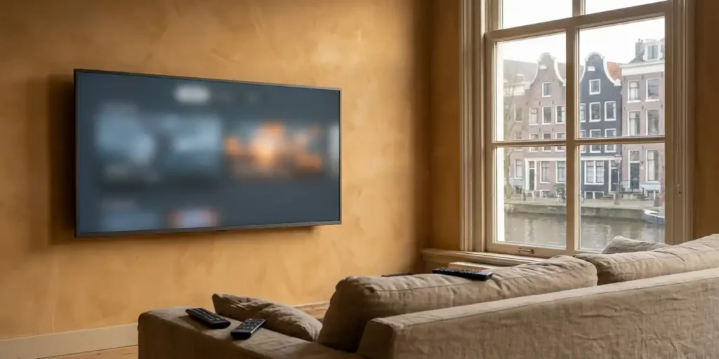 Flatscreen tv aan muur in moderne Nederlandse woonkamer met streaminginterface, Amsterdamse grachtenview op de achtergrond.