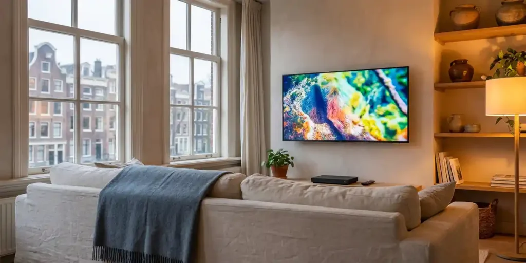 Flatscreen tv aan de muur in een Nederlandse woonkamer met streamingapparaat op de bank, Amsterdamse grachtengevel zichtbaar door het raam.