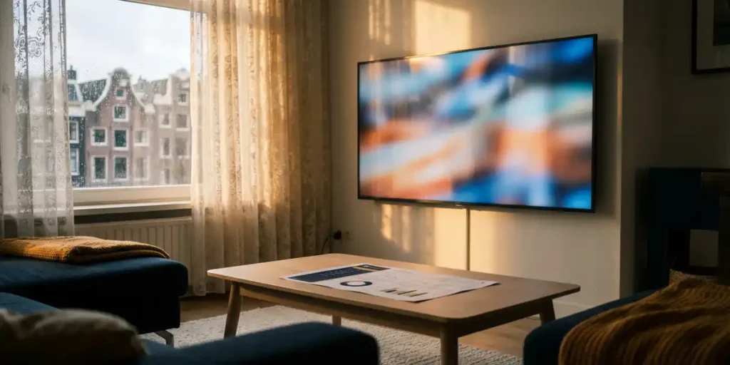 Flatscreen tv aan muur in moderne Nederlandse woonkamer met analytics-dashboard op eiken salontafel, Amsterdams grachtenpand zichtbaar door regenachtig raam.