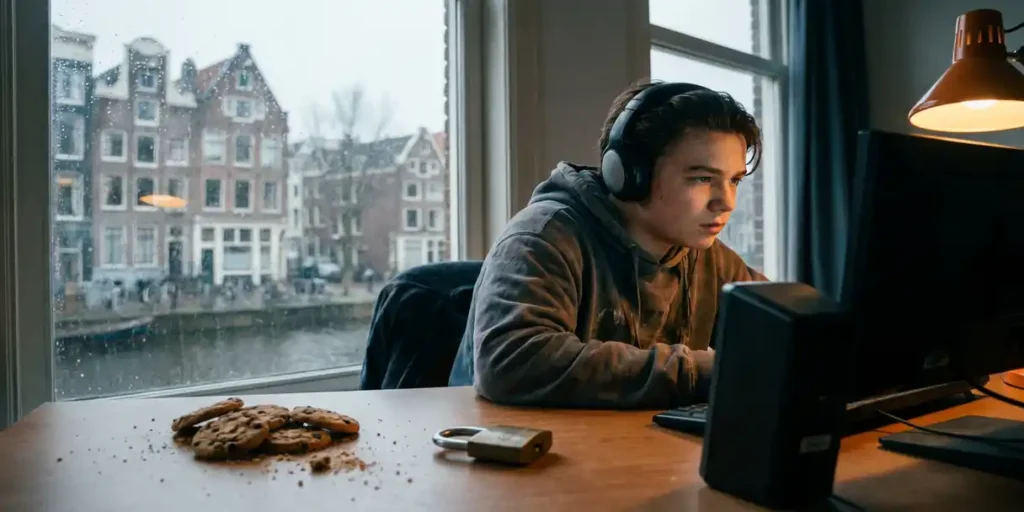 Tiener gamet op verlichte monitor in Amsterdams appartement, met verkruimelende koekjes en hangslot op bureau, grachtzicht op achtergrond.