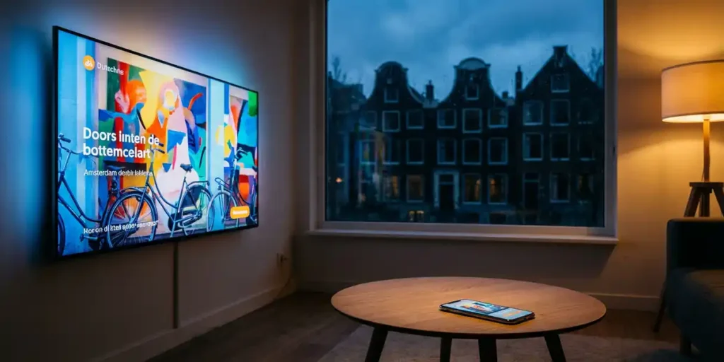 Flatscreen tv en smartphone met Nederlandse reclame op een eiken salontafel, Amsterdamse grachtenpanden zichtbaar door een regenachtig raam.