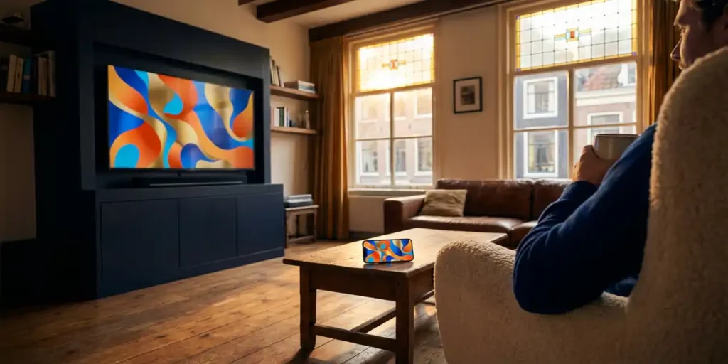 Amsterdamse woonkamer bij gouden uur met flatscreen-tv en gesynchroniseerde smartphoneadvertentie naast hoge grachtenhuisramen.