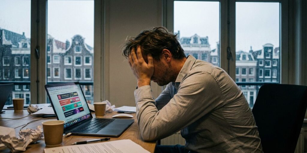 Uitgeputte kantoormedewerker leunt over laptop met veel browsertabs, koffiekopje en verfrommeld papier op bureau