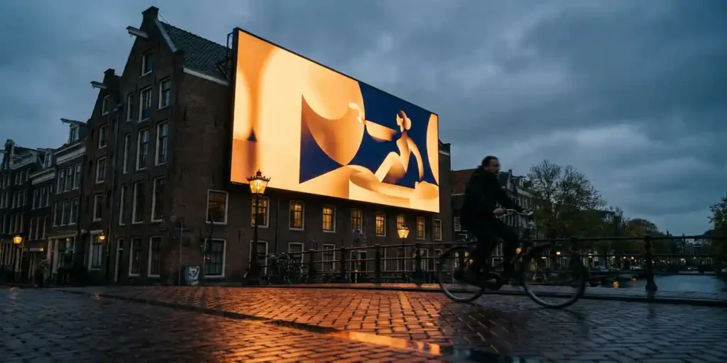 Verlichte digitale reclamezuil boven een regenachtig Amsterdams grachtenstraatje in de schemering, met warme amberreflecties op natte kinderkopjes en een voorbijrijdende fietser.
