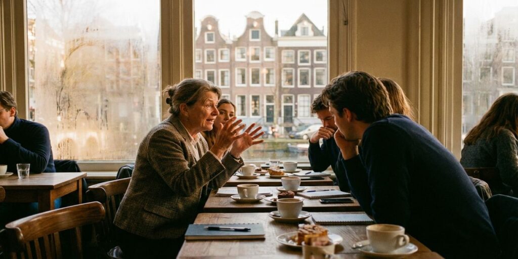 Professionele verhalenverteller spreekt expressief tegen publiek in gezellig Amsterdam café met grachtenhuizen op achtergrond