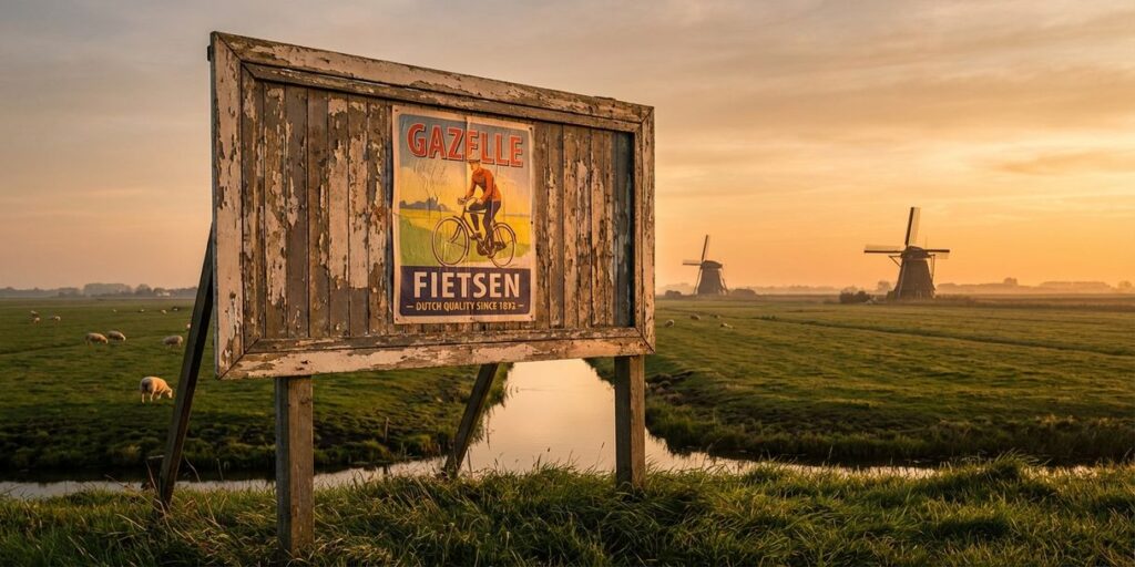 Vintage houten reclamebord met opvallende advertentieposter in Nederlands polderlandschap met windmolens op de achtergrond