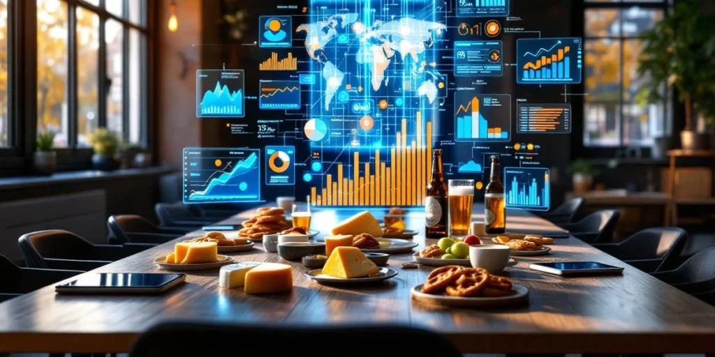 Holografische datavisualisatie boven conferentietafel met Nederlandse voedselmonsters en tablets in modern Amsterdams kantoor