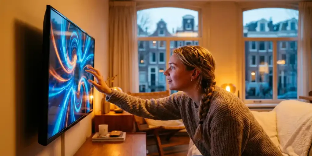 Jonge Nederlandse vrouw leunt nieuwsgierig naar voren voor een grote connected tv in Amsterdamse woonkamer met grachtenpandvensters op de achtergrond.