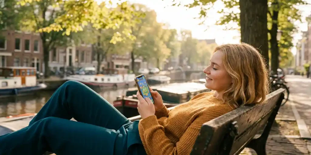 Jonge Nederlandse vrouw op houten bank langs Amsterdamse gracht, spelend op smartphone in zacht middaglicht.