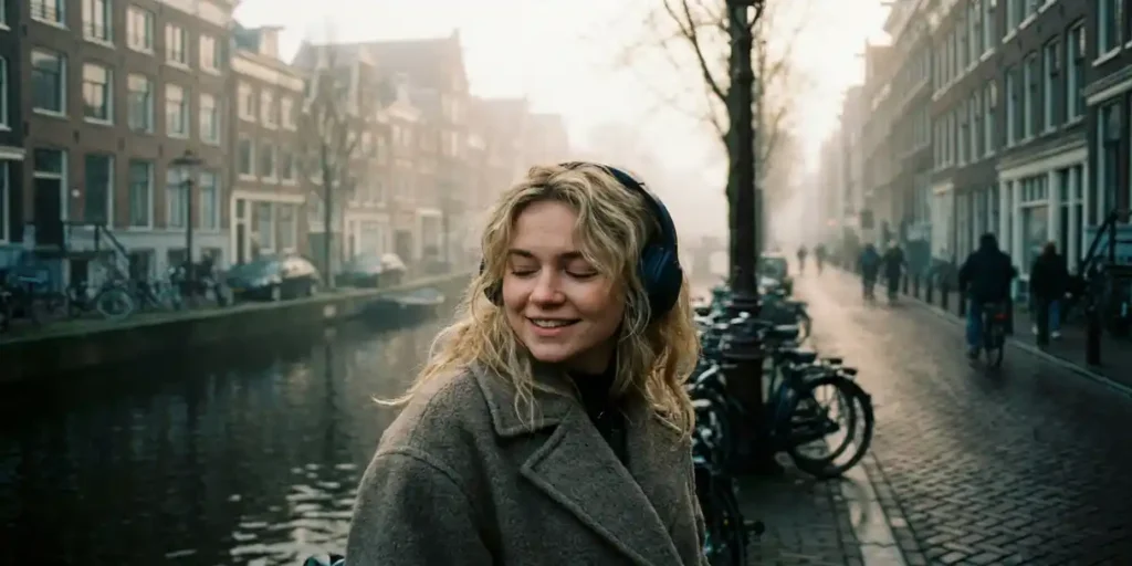 Jonge vrouw met draadloze koptelefoon wandelt langs mistig Amsterdams grachtje bij zonsopgang, bakstenen grachtenpanden op achtergrond.