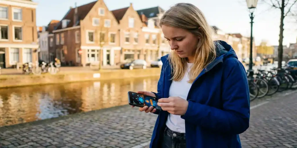 Jonge Nederlandse vrouw speelt mobiel spel op smartphone bij Haarlems gracht met bakstenen gevels en fietsen op de achtergrond.