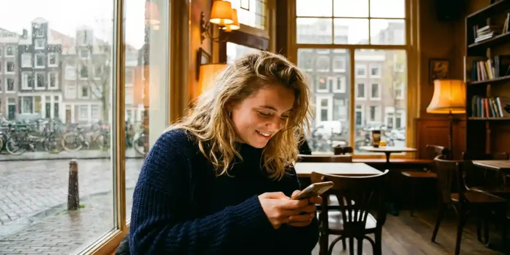 Jonge vrouw in Amsterdams café gefocust op smartphonescherm, warm goudkleurig kaarslicht, bokeh achtergrond met bakstenen muur.