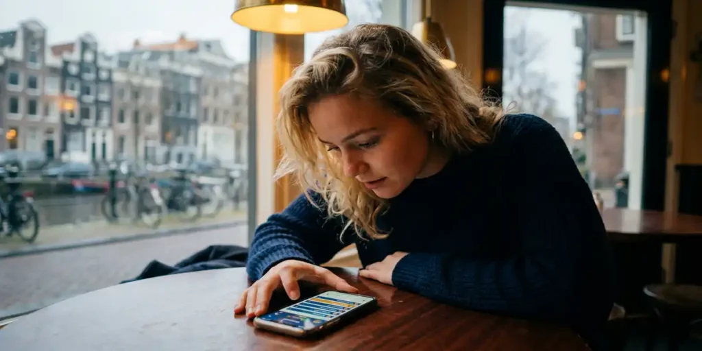 Jonge vrouw in Amsterdams café gefocust op smartphone met kleurrijk scorebord, warme amber verlichting en kanaalachtergrond.
