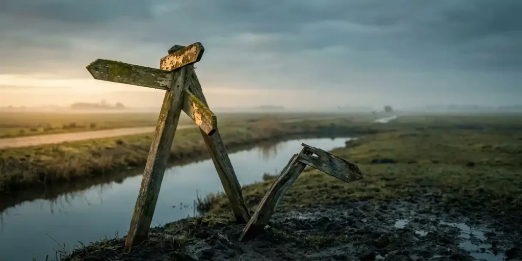 Verweerde houten wegwijzer in mistig Nederlands polderlandschap, één pijl omhoog naar licht pad, andere pijl scheef in modderige grond.