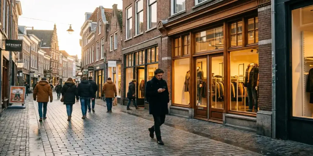 Voetganger bekijkt smartphone op drukke winkelstraat in Haarlem, met terracotta gevels en kasseien in warm middaglicht.