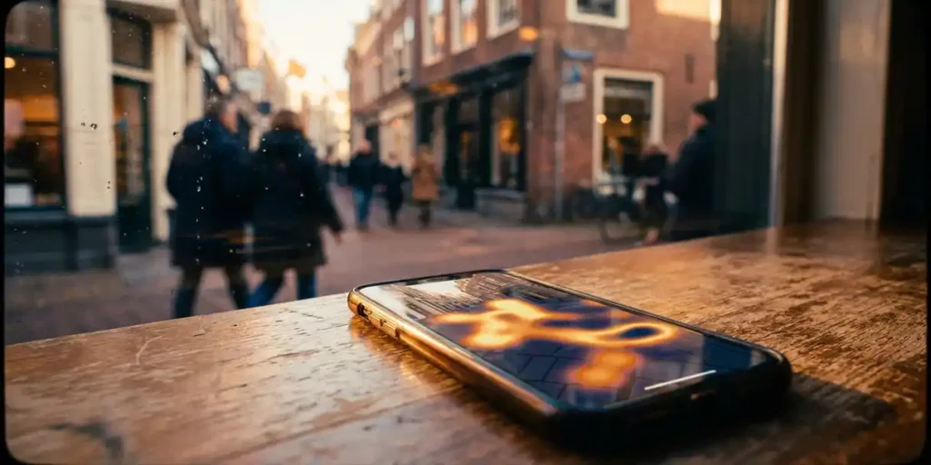 Smartphone met heatmap van voetgangersstromen op een cafétafel, met een Amsterdamse klinkerstraat zichtbaar op de achtergrond.