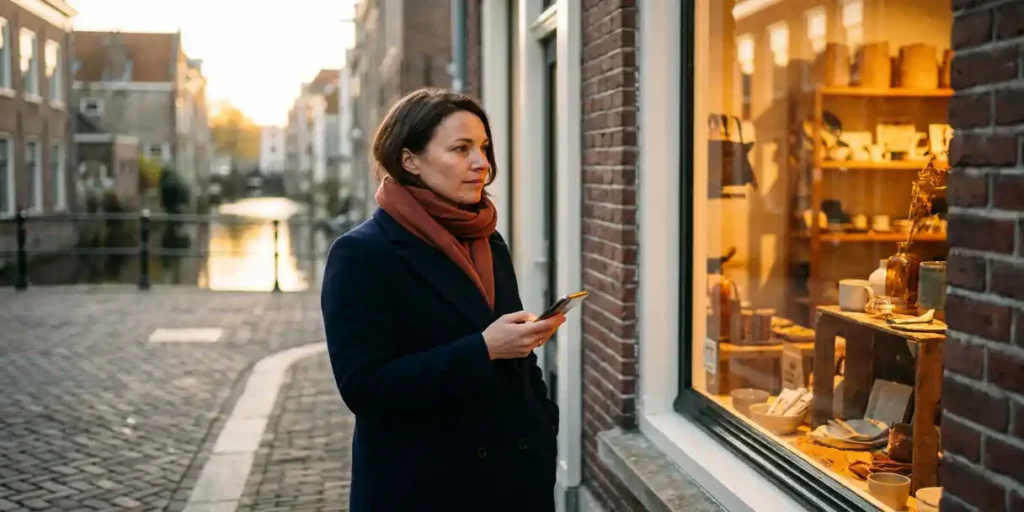 Vrouw bekijkt smartphone voor verlichte bakstenen winkel op Nederlandse voetgangersstraat, kanaalreflecties op de achtergrond.