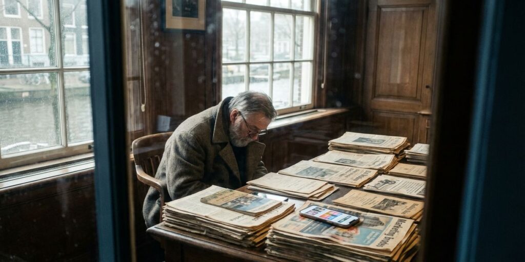 Nederlandse zakenman aan houten bureau met oude reclamedrukwerk en moderne smartphone met digitale advertenties
