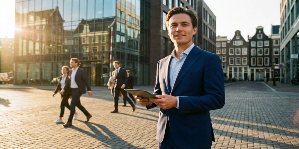Zelfverzekerde zakenvrouw met tablet in Amsterdams kantoordistrict met moderne glazen gebouwen op de achtergrond