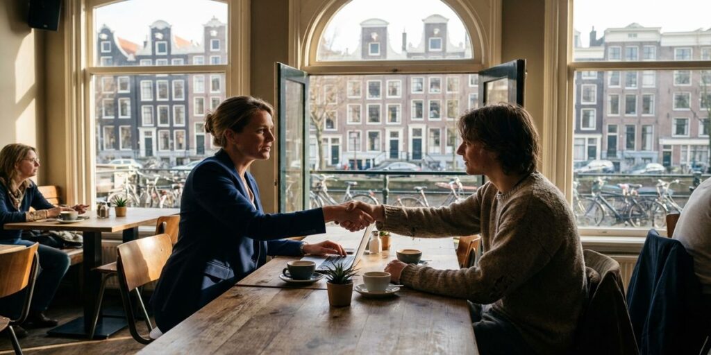Zakenvrouw en klant schudden handen in Amsterdam café met kanalenpand op achtergrond