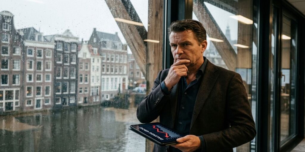 Nederlandse zakenvrouw met tablet toont dalende grafieken bij raam met uitzicht op Amsterdamse gracht en historische panden