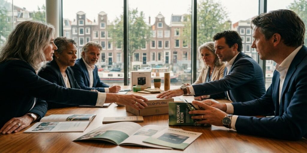 Zakelijke vergadering in glazen conferentieruimte met diverse professionals rond tafel, Amsterdamse grachten op achtergrond
