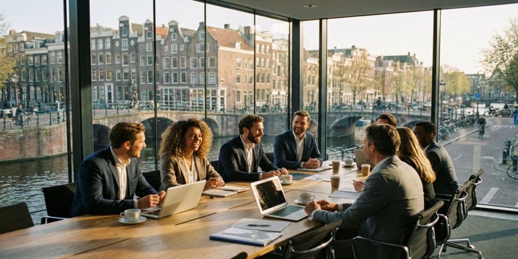 Diverse zakelijk team in vergadering aan houten tafel in moderne vergaderruimte met uitzicht op Amsterdamse gracht