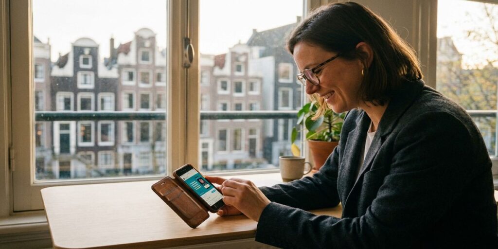 Zakenvrouw in Amsterdam kantoor bekijkt reclame op smartphone met interesse, Nederlandse grachtenhuizen op achtergrond