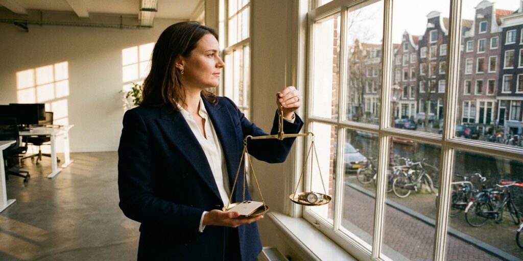 Professionele zakenvrouw met gouden weegschaal en technologie in modern Amsterdams kantoor met grachtenhuizen