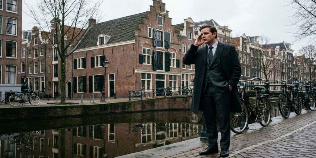 Zakenman in pak staat nadenkend voor klassiek Amsterdams grachtenpand met traditionele geveltop en fietsen