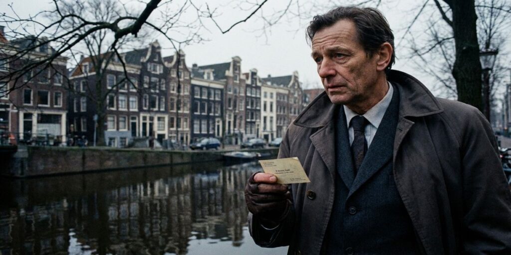 Zakenman in pak staat peinzend bij Amsterdamse gracht met historische grachtenpanden op achtergrond