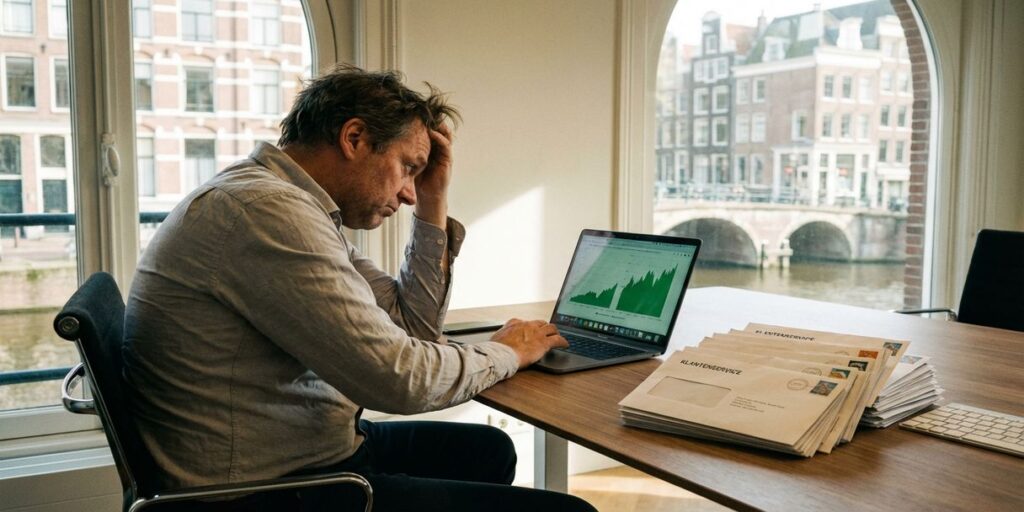 Gefrustreerde Nederlandse zakenman kijkt naar laptop met stijgende grafieken, stapel ongelezen klantenbrieven naast toetsenbord
