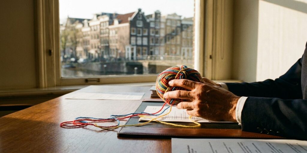 Zakenman houdt verwarde kleurrijke wol vast aan bureau met Amsterdamse grachtenhuizen op achtergrond