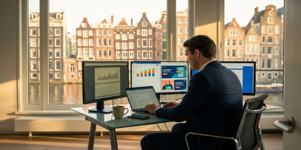 Zakenman in pak aan glazen bureau met data-analytics schermen, Amsterdam kantoor met grachtenpanden op achtergrond