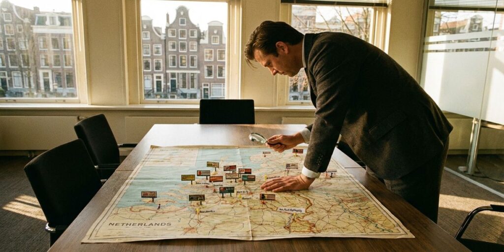 Zakenman in pak bestudeert gedetailleerde kaart van Nederland op houten vergadertafel met reclameborden en locatiemarkers