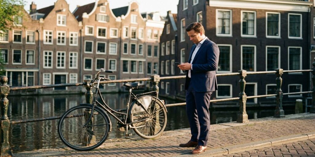 Zakenman in marineblauw pak bekijkt smartphone naast Amsterdamse gracht met traditionele bakstenen huizen