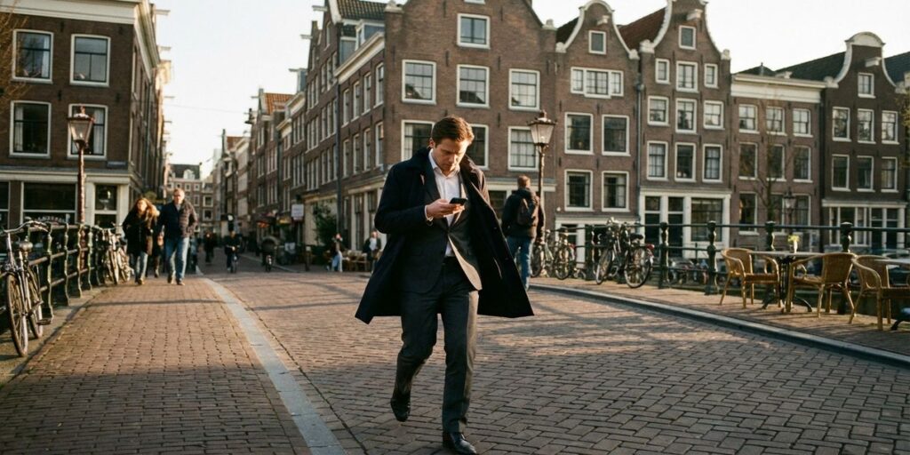 Zakenman in pak loopt door Amsterdamse grachtenbuurt terwijl hij smartphone bekijkt, historische gebouwen op achtergrond